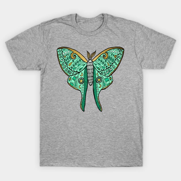 Luna Moth Green and Gold T-Shirt by julieerindesigns